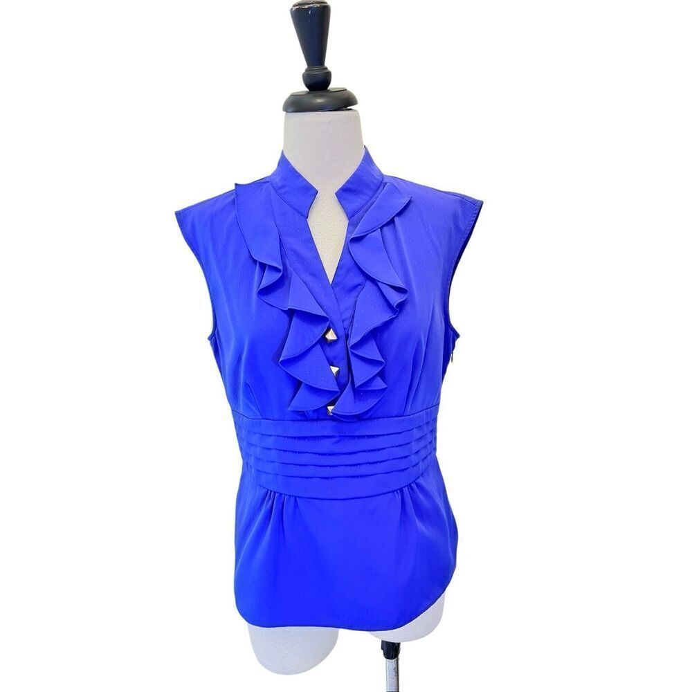 Gianni Bini Women's Ruffle Three-Button Sleeveless Blouse Top Blue Small